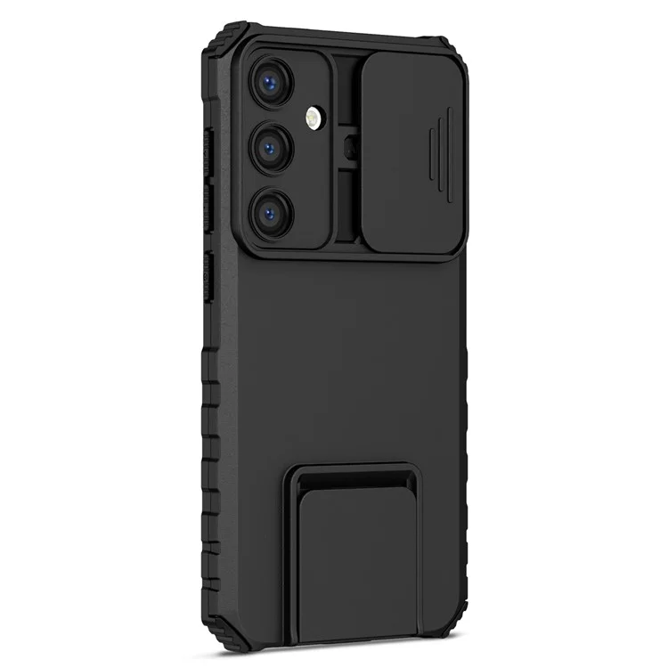 Étui pour Samsung Galaxy S24 Slide Lens Shield Anti-drop PC+TPU Kickstand Back Cover - Noir