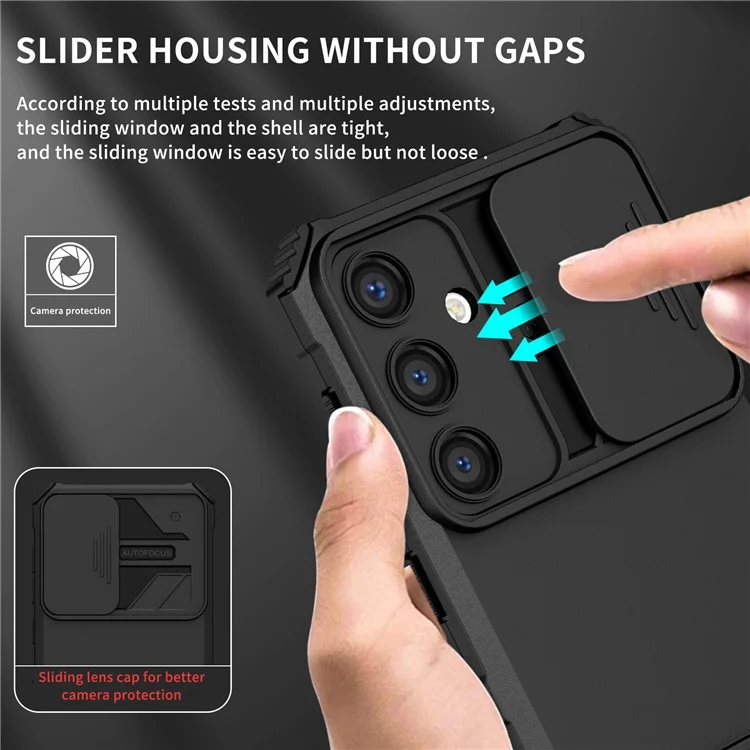 Étui pour Samsung Galaxy S24 Slide Lens Shield Anti-drop PC+TPU Kickstand Back Cover - Noir