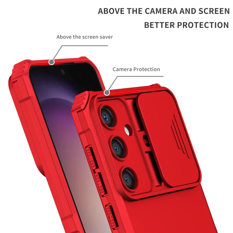 For Samsung Galaxy S25 / S24 Case Slide Lens Shield Anti-drop PC+TPU Kickstand Back Cover - Red