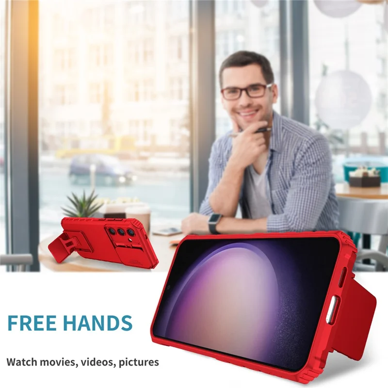 For Samsung Galaxy S25 / S24 Case Slide Lens Shield Anti-drop PC+TPU Kickstand Back Cover - Red