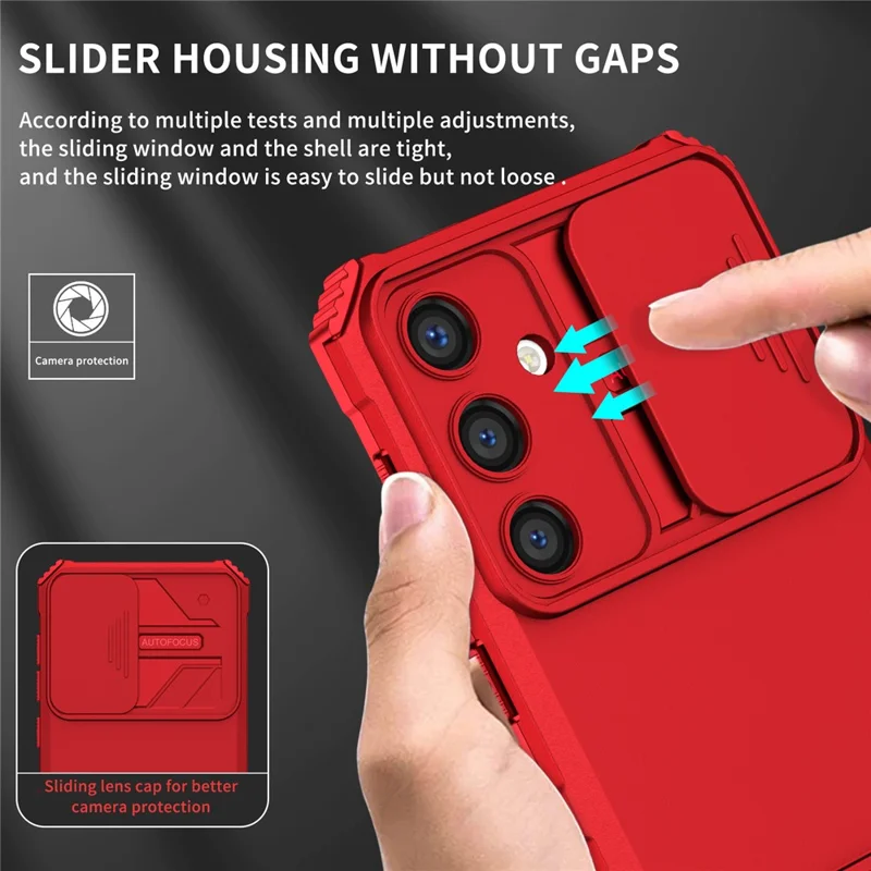 For Samsung Galaxy S25 / S24 Case Slide Lens Shield Anti-drop PC+TPU Kickstand Back Cover - Red