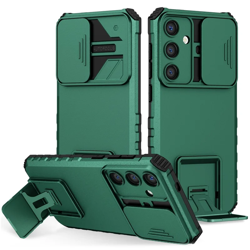 For Samsung Galaxy S25 / S24 Case Slide Lens Shield Anti-drop PC+TPU Kickstand Back Cover - Blackish Green