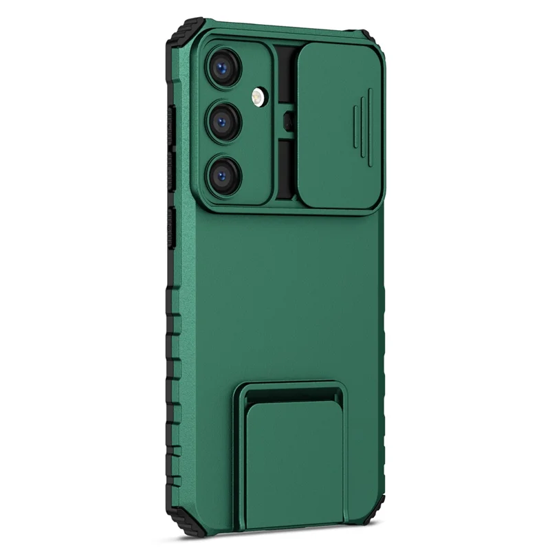 For Samsung Galaxy S25 / S24 Case Slide Lens Shield Anti-drop PC+TPU Kickstand Back Cover - Blackish Green