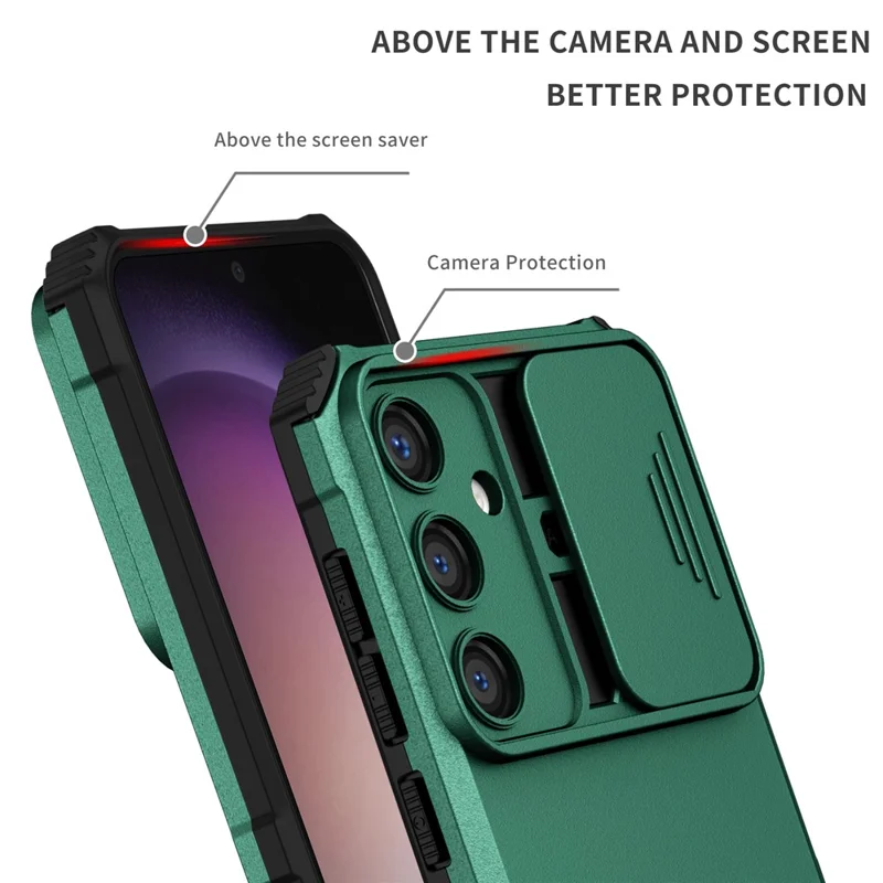 For Samsung Galaxy S25 / S24 Case Slide Lens Shield Anti-drop PC+TPU Kickstand Back Cover - Blackish Green