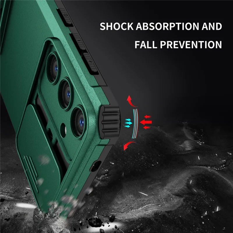For Samsung Galaxy S25 / S24 Case Slide Lens Shield Anti-drop PC+TPU Kickstand Back Cover - Blackish Green