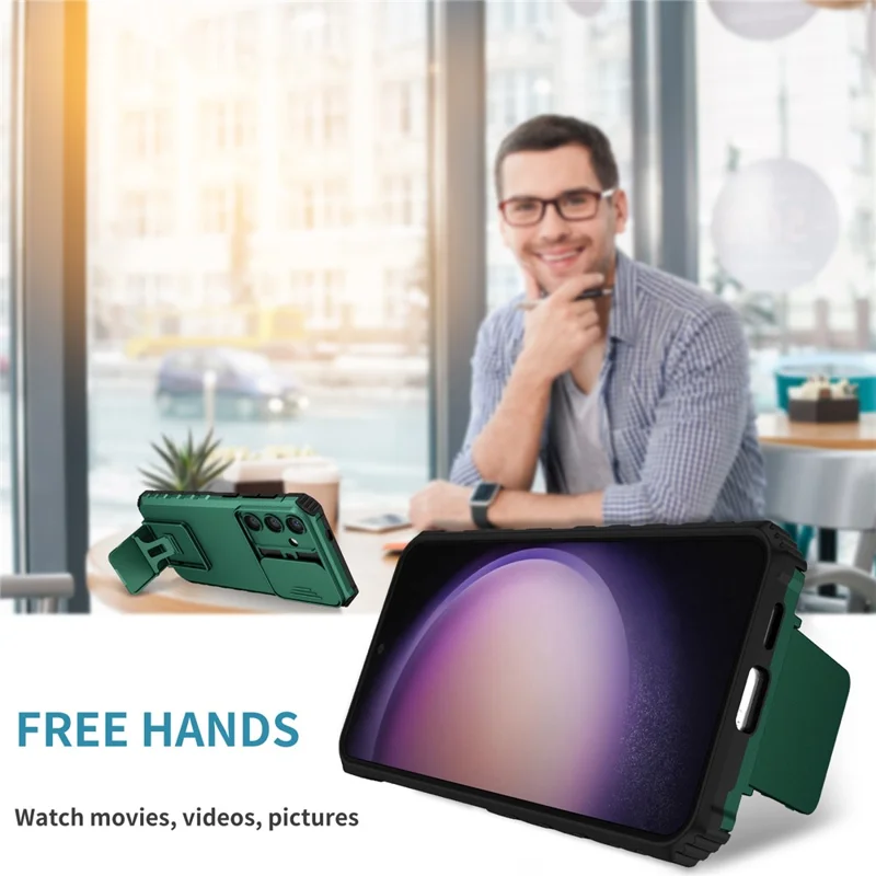 For Samsung Galaxy S25 / S24 Case Slide Lens Shield Anti-drop PC+TPU Kickstand Back Cover - Blackish Green