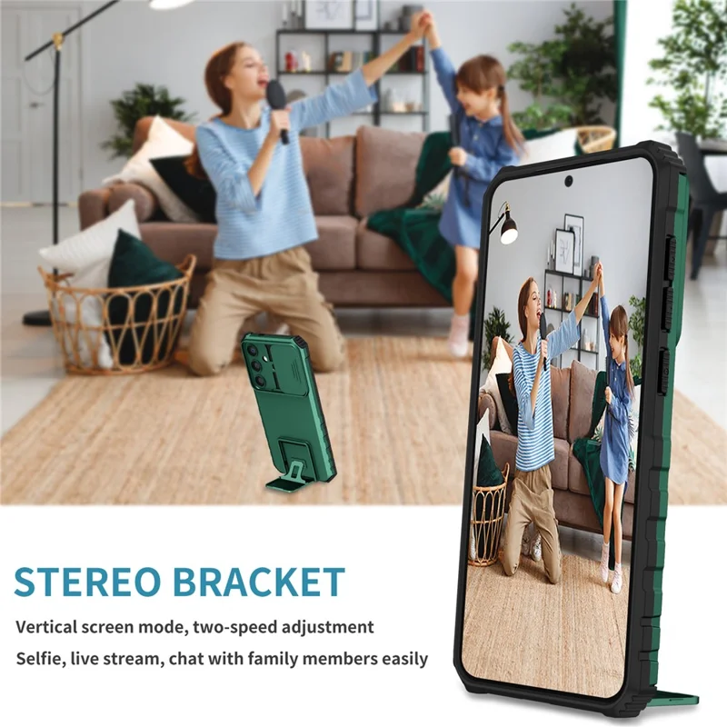 For Samsung Galaxy S25 / S24 Case Slide Lens Shield Anti-drop PC+TPU Kickstand Back Cover - Blackish Green