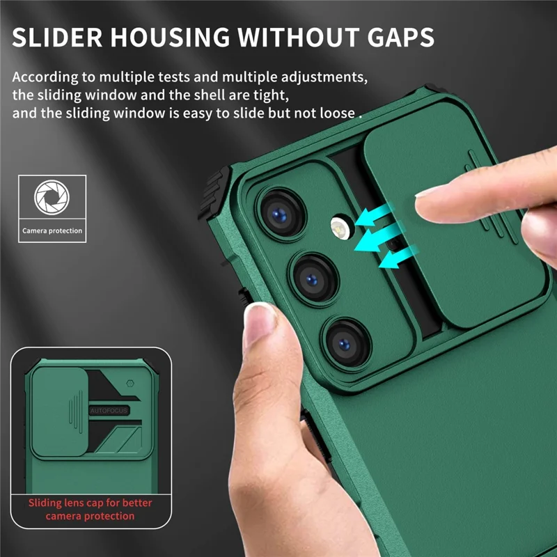 For Samsung Galaxy S25 / S24 Case Slide Lens Shield Anti-drop PC+TPU Kickstand Back Cover - Blackish Green
