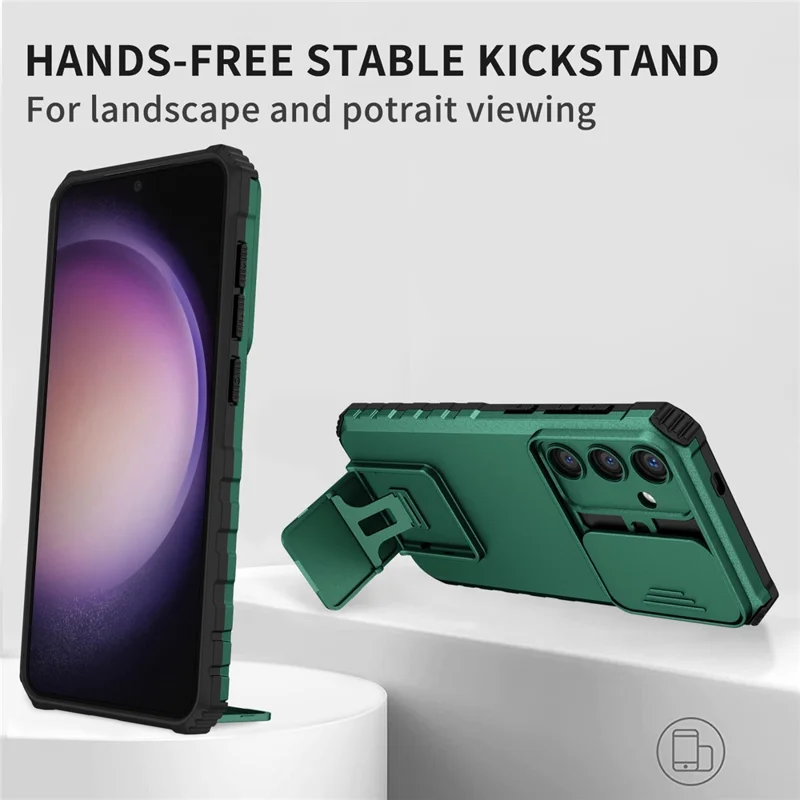 For Samsung Galaxy S25 / S24 Case Slide Lens Shield Anti-drop PC+TPU Kickstand Back Cover - Blackish Green