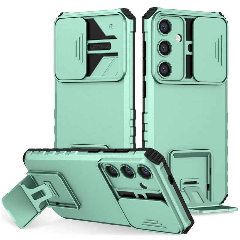 For Samsung Galaxy S25 / S24 Case Slide Lens Shield Anti-drop PC+TPU Kickstand Back Cover - Baby Blue
