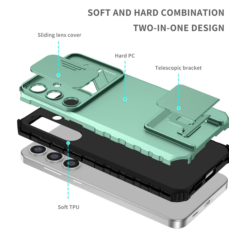 For Samsung Galaxy S25 / S24 Case Slide Lens Shield Anti-drop PC+TPU Kickstand Back Cover - Baby Blue