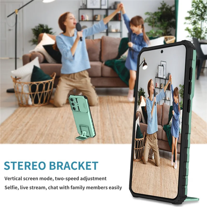 For Samsung Galaxy S25 / S24 Case Slide Lens Shield Anti-drop PC+TPU Kickstand Back Cover - Baby Blue