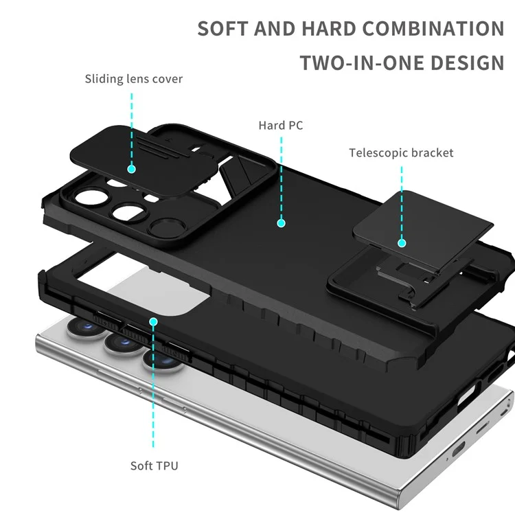 Pour les étuis de téléphone cellulaire Samsung Galaxy S24 Ultra Slide Lens Shield PC+TPU Cover avec support - Noir