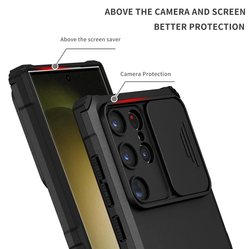 Pour les étuis de téléphone cellulaire Samsung Galaxy S24 Ultra Slide Lens Shield PC+TPU Cover avec support - Noir