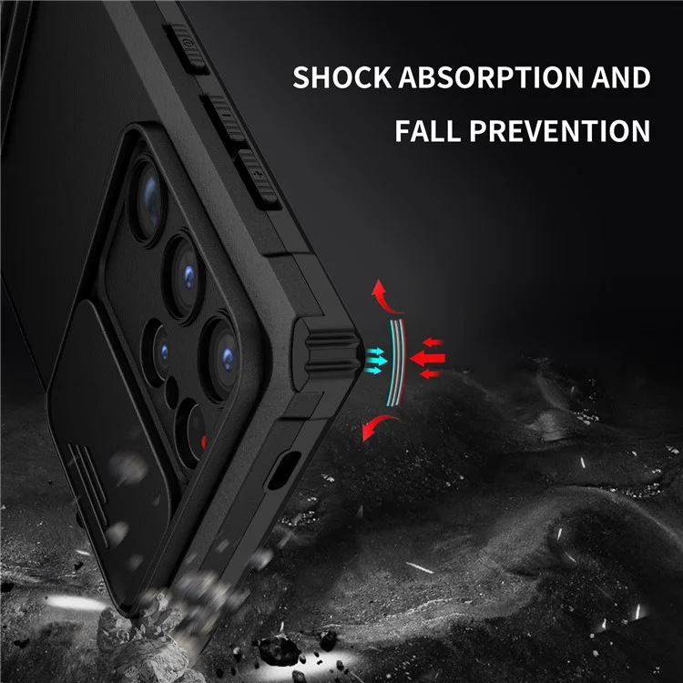 Pour les étuis de téléphone cellulaire Samsung Galaxy S24 Ultra Slide Lens Shield PC+TPU Cover avec support - Noir