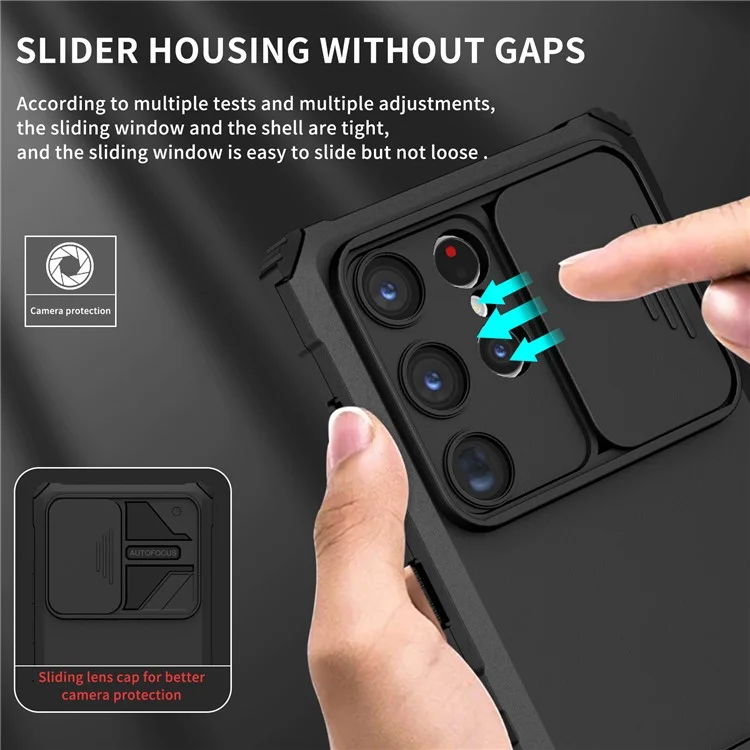 Pour les étuis de téléphone cellulaire Samsung Galaxy S24 Ultra Slide Lens Shield PC+TPU Cover avec support - Noir