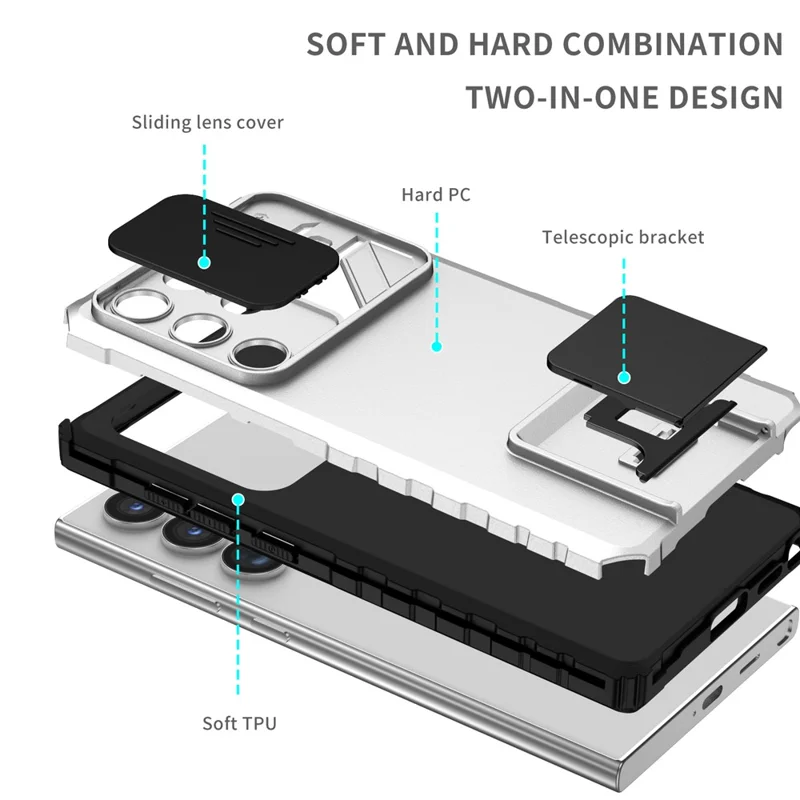 For Samsung Galaxy S24 Ultra Cell Phone Cases Slide Lens Shield PC+TPU Cover with Kickstand - White
