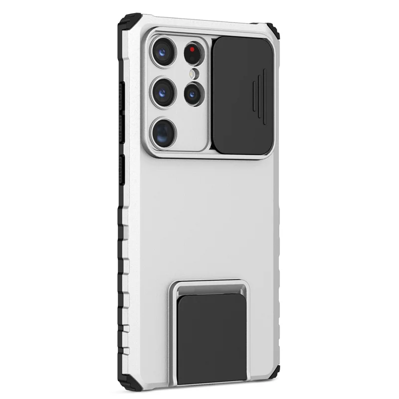 For Samsung Galaxy S24 Ultra Cell Phone Cases Slide Lens Shield PC+TPU Cover with Kickstand - White