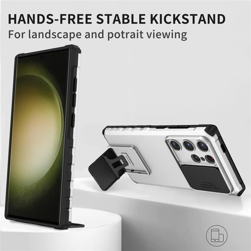 For Samsung Galaxy S24 Ultra Cell Phone Cases Slide Lens Shield PC+TPU Cover with Kickstand - White