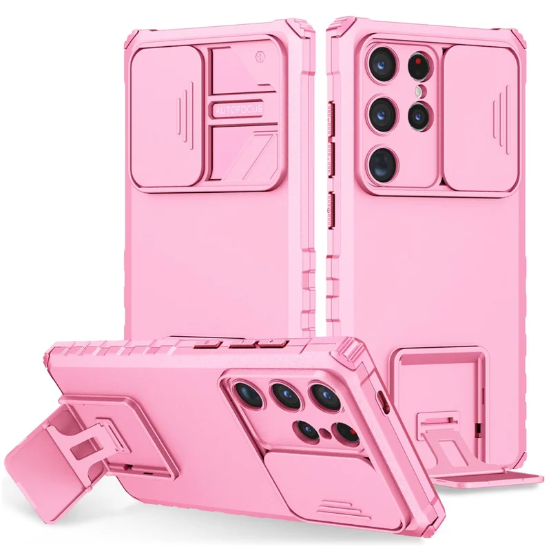 For Samsung Galaxy S24 Ultra Cell Phone Cases Slide Lens Shield PC+TPU Cover with Kickstand - Pink