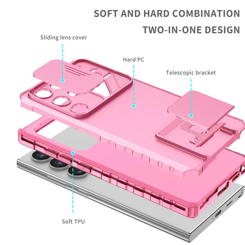 For Samsung Galaxy S24 Ultra Cell Phone Cases Slide Lens Shield PC+TPU Cover with Kickstand - Pink