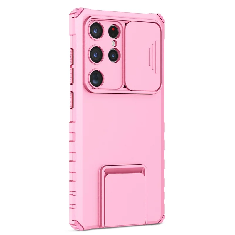 For Samsung Galaxy S24 Ultra Cell Phone Cases Slide Lens Shield PC+TPU Cover with Kickstand - Pink