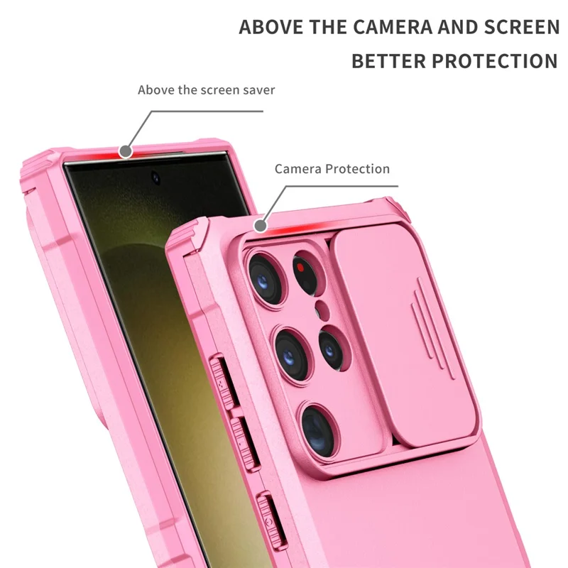 For Samsung Galaxy S24 Ultra Cell Phone Cases Slide Lens Shield PC+TPU Cover with Kickstand - Pink