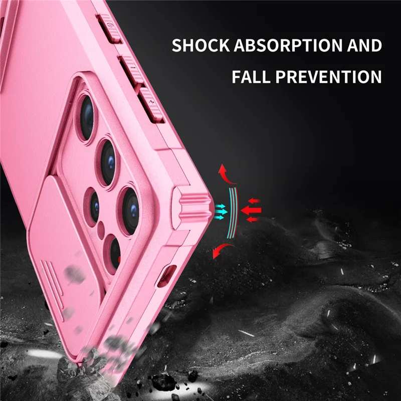 For Samsung Galaxy S24 Ultra Cell Phone Cases Slide Lens Shield PC+TPU Cover with Kickstand - Pink