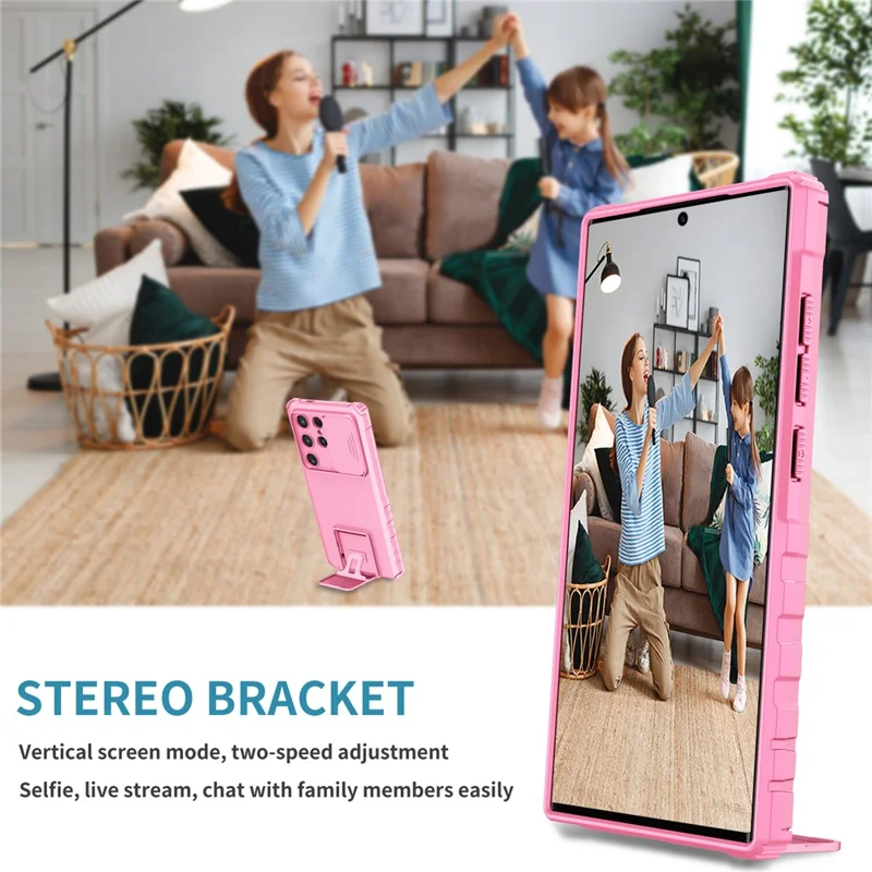 For Samsung Galaxy S24 Ultra Cell Phone Cases Slide Lens Shield PC+TPU Cover with Kickstand - Pink