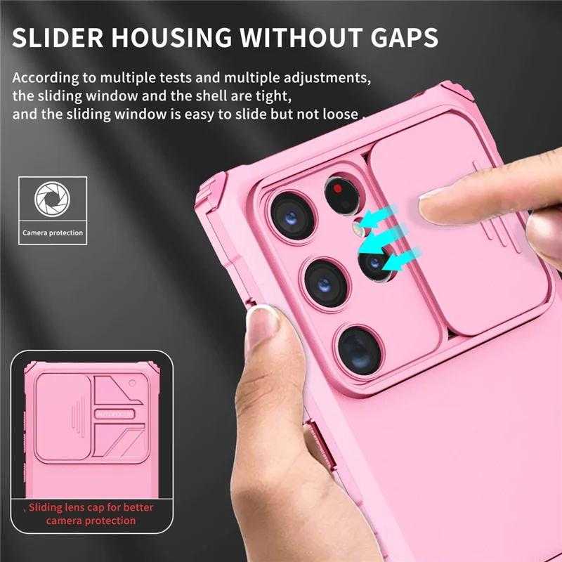For Samsung Galaxy S24 Ultra Cell Phone Cases Slide Lens Shield PC+TPU Cover with Kickstand - Pink