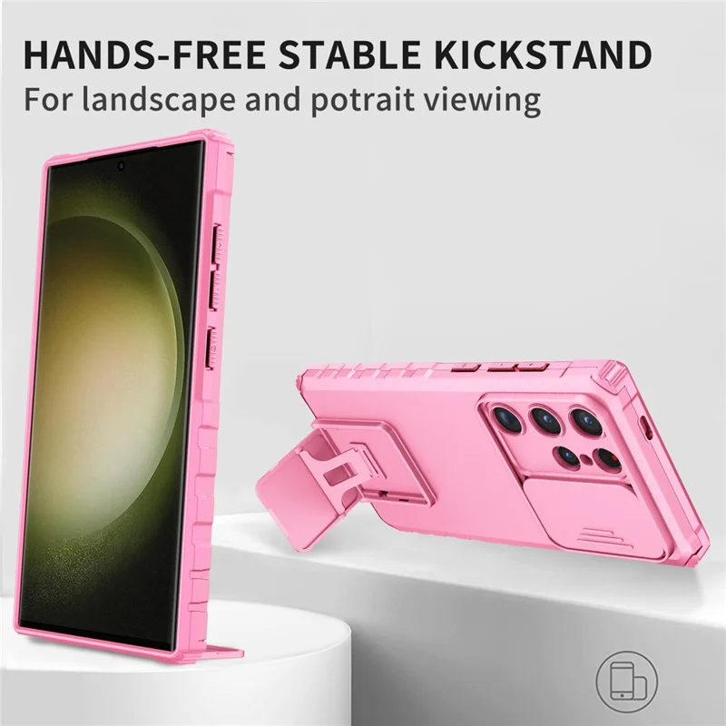 For Samsung Galaxy S24 Ultra Cell Phone Cases Slide Lens Shield PC+TPU Cover with Kickstand - Pink