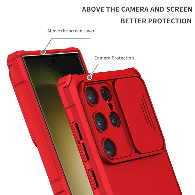 For Samsung Galaxy S24 Ultra Cell Phone Cases Slide Lens Shield PC+TPU Cover with Kickstand - Red