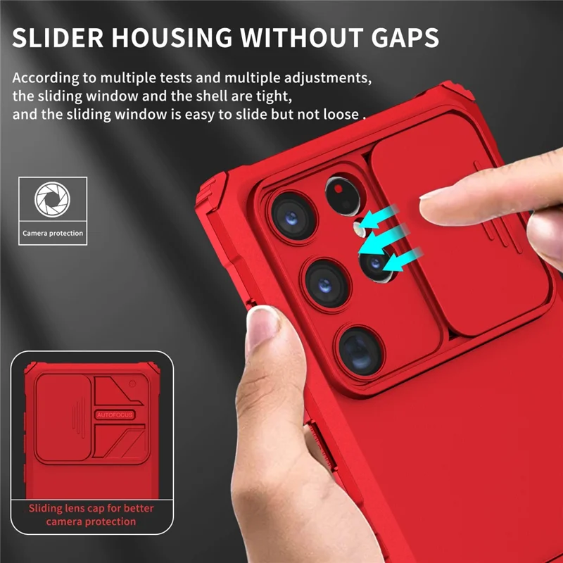 For Samsung Galaxy S24 Ultra Cell Phone Cases Slide Lens Shield PC+TPU Cover with Kickstand - Red