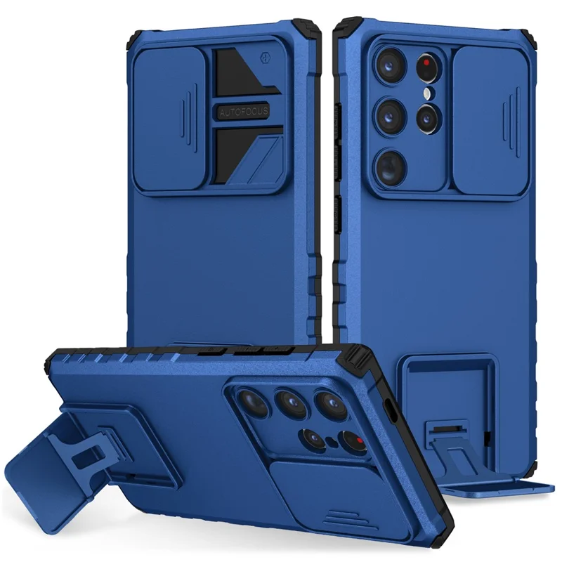 For Samsung Galaxy S24 Ultra Cell Phone Cases Slide Lens Shield PC+TPU Cover with Kickstand - Blue