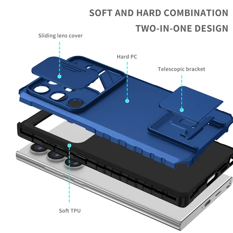 For Samsung Galaxy S24 Ultra Cell Phone Cases Slide Lens Shield PC+TPU Cover with Kickstand - Blue