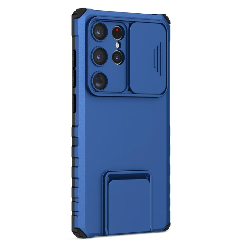 For Samsung Galaxy S24 Ultra Cell Phone Cases Slide Lens Shield PC+TPU Cover with Kickstand - Blue
