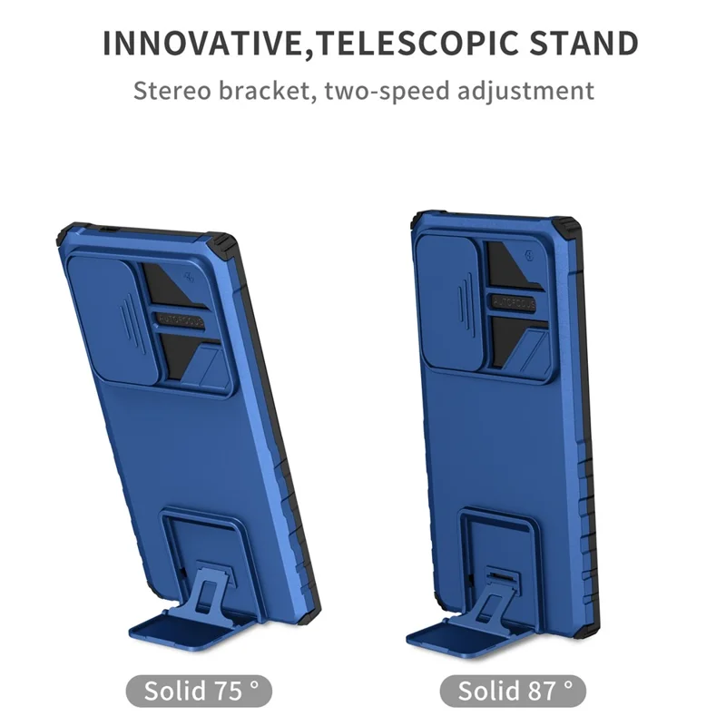 For Samsung Galaxy S24 Ultra Cell Phone Cases Slide Lens Shield PC+TPU Cover with Kickstand - Blue