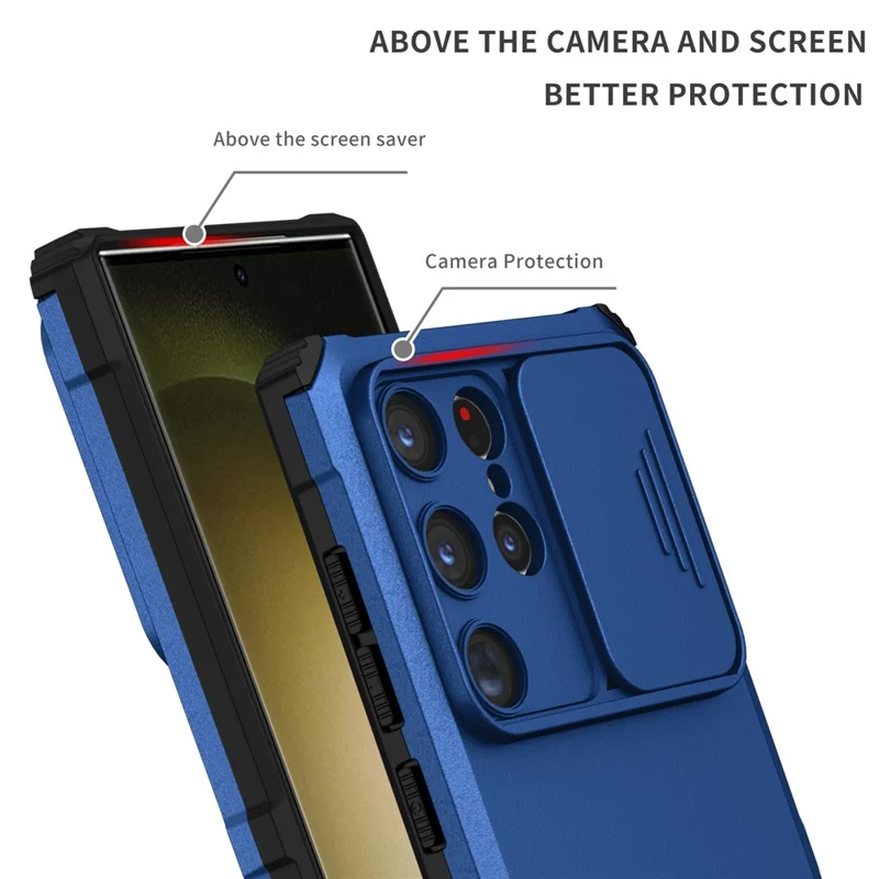 For Samsung Galaxy S24 Ultra Cell Phone Cases Slide Lens Shield PC+TPU Cover with Kickstand - Blue