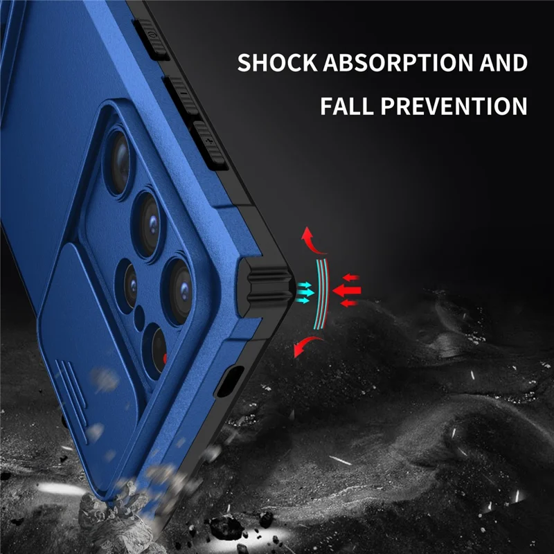 For Samsung Galaxy S24 Ultra Cell Phone Cases Slide Lens Shield PC+TPU Cover with Kickstand - Blue