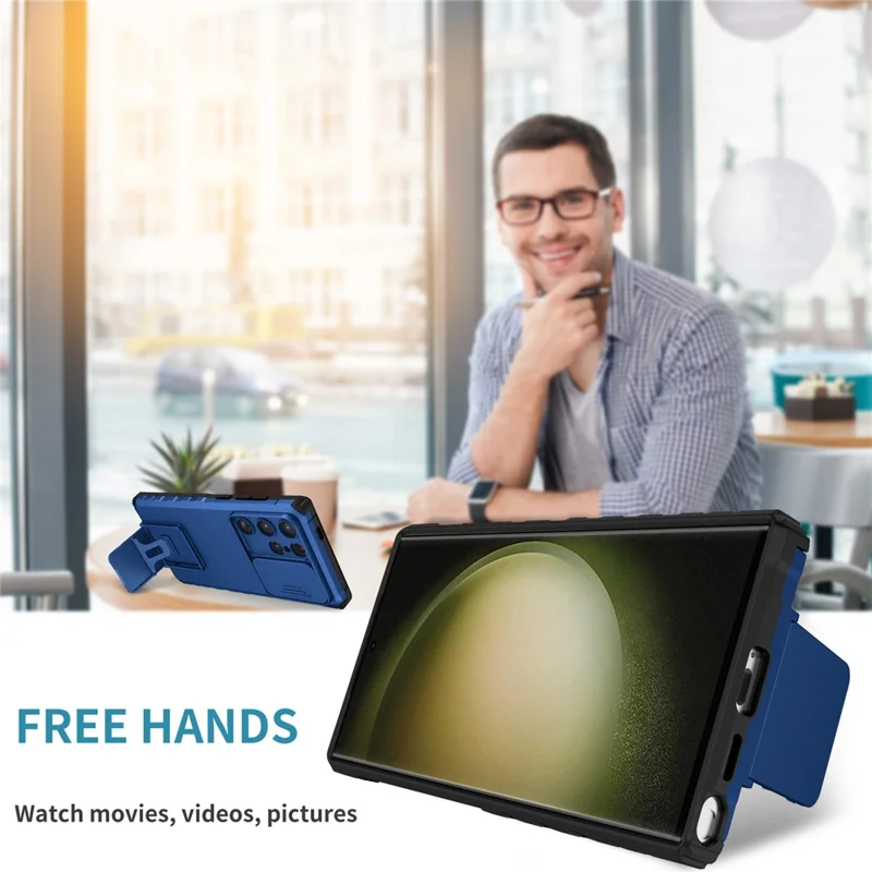 For Samsung Galaxy S24 Ultra Cell Phone Cases Slide Lens Shield PC+TPU Cover with Kickstand - Blue