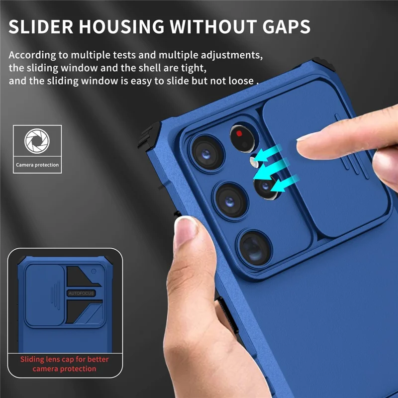 For Samsung Galaxy S24 Ultra Cell Phone Cases Slide Lens Shield PC+TPU Cover with Kickstand - Blue