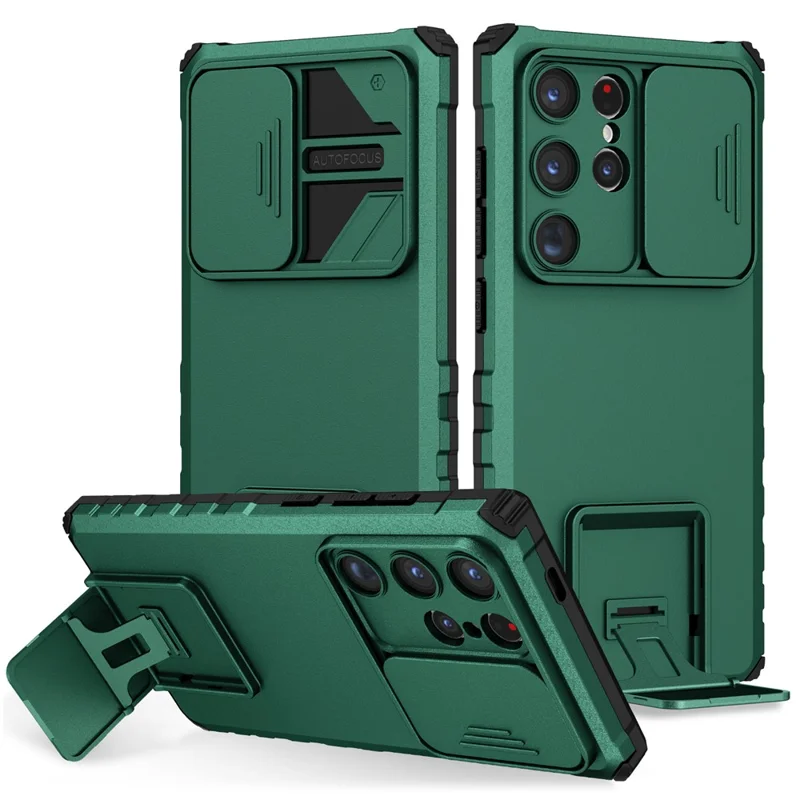 Pour les étuis de téléphone portable Samsung Galaxy S24 Ultra Slide Lens Shield PC+TPU Cover avec support - Vert noirâtre