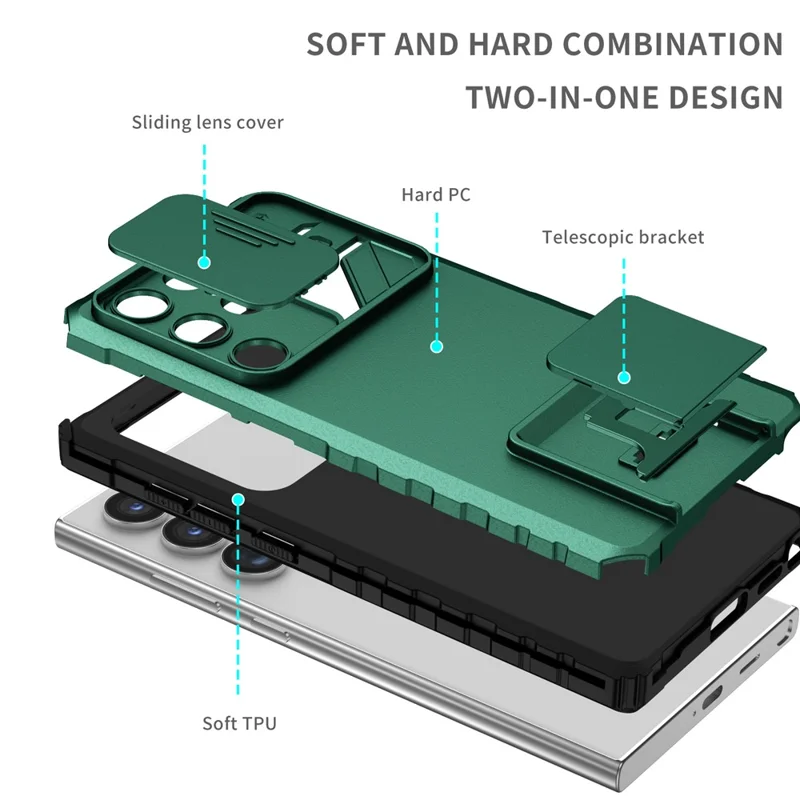 Pour les étuis de téléphone portable Samsung Galaxy S24 Ultra Slide Lens Shield PC+TPU Cover avec support - Vert noirâtre
