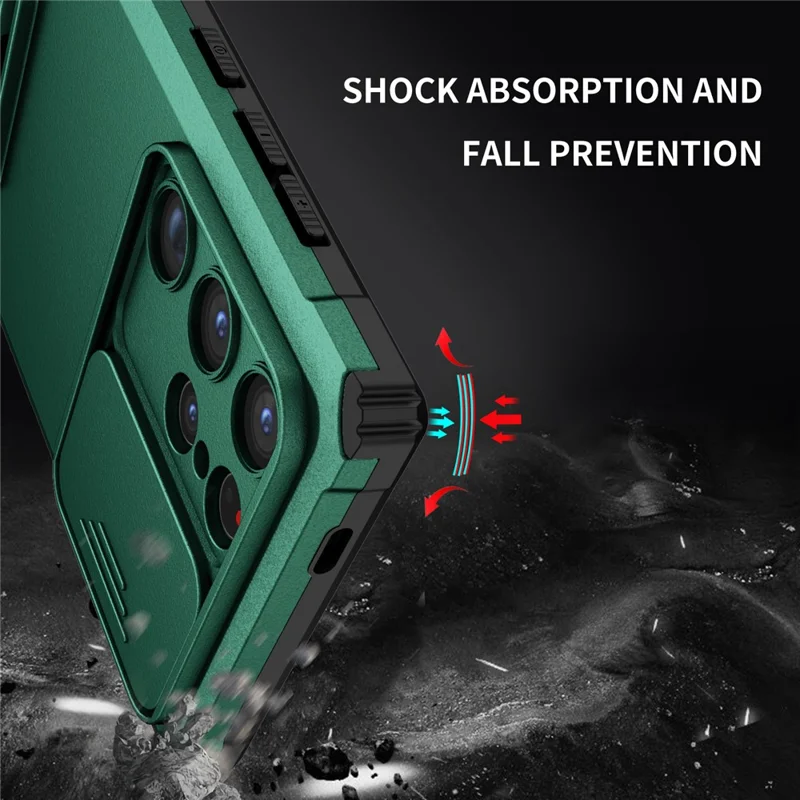 Pour les étuis de téléphone portable Samsung Galaxy S24 Ultra Slide Lens Shield PC+TPU Cover avec support - Vert noirâtre