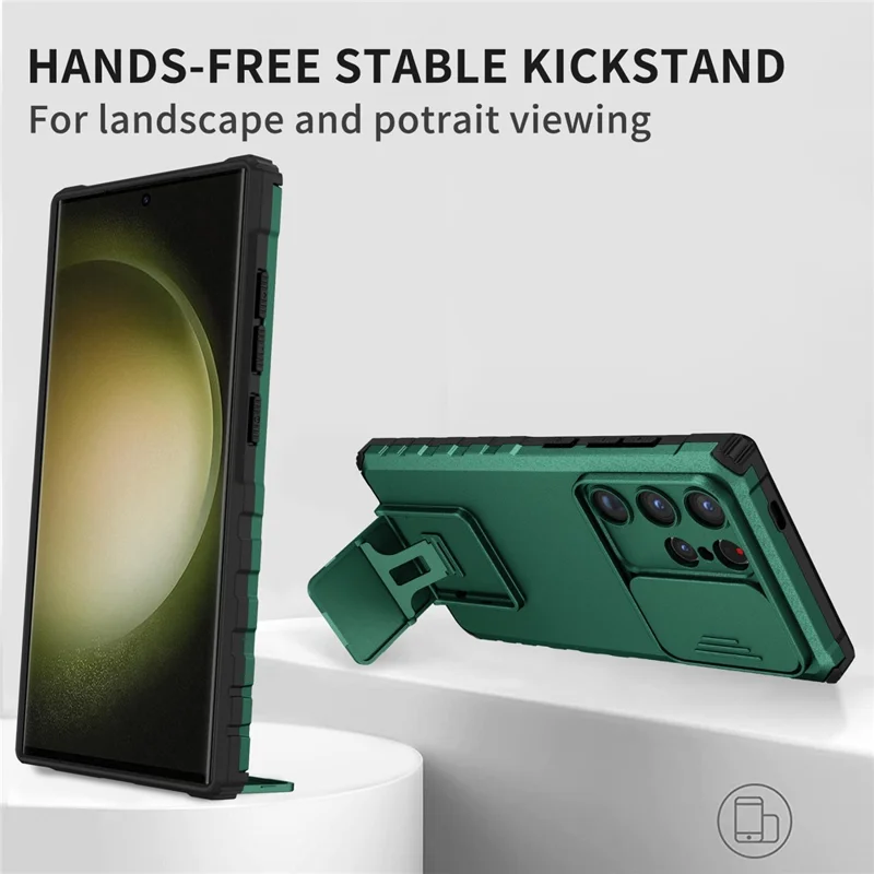 Pour les étuis de téléphone portable Samsung Galaxy S24 Ultra Slide Lens Shield PC+TPU Cover avec support - Vert noirâtre