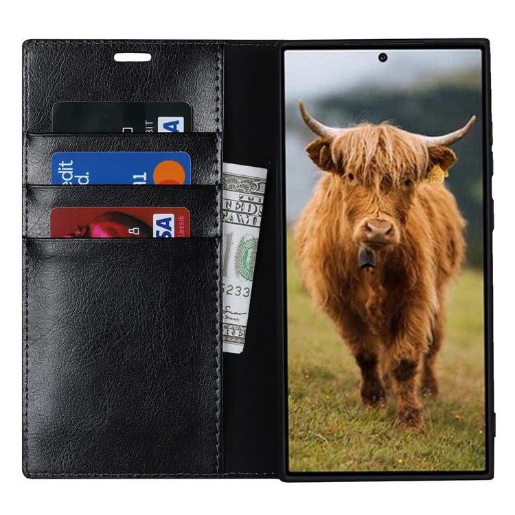 Funda para Samsung Galaxy S23 Ultra Textura de piel de caballo loco Cubierta de cartera de piel dividida - Negro
