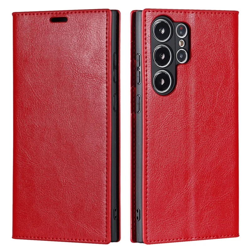 For Samsung Galaxy S23 Ultra Case Crazy Horse Texture Split Leather Wallet Cover - Red