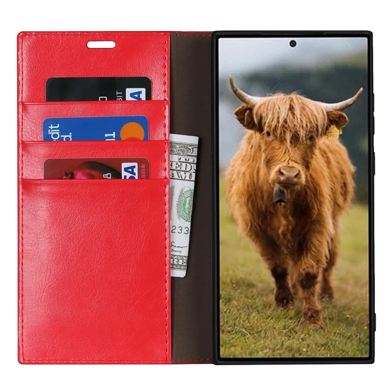 For Samsung Galaxy S23 Ultra Case Crazy Horse Texture Split Leather Wallet Cover - Red
