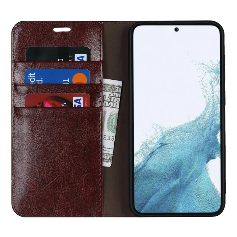 For Samsung Galaxy S23 Cell Phone Cases Crazy Horse Texture Split Leather Wallet Cover - Dark Brown