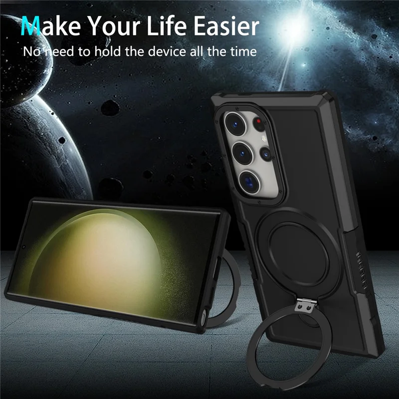 For Samsung Galaxy S24 Ultra Case TPU+PC 2-in-1 Ring Kickstand Shockproof Cover - Black